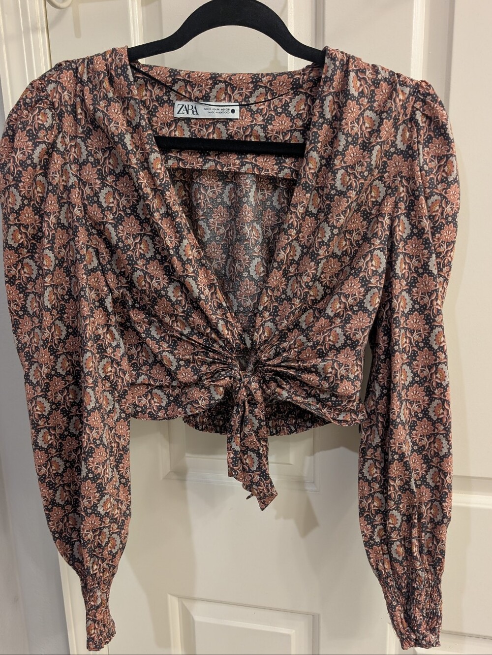ZARA Pink Floral Tie-Front Cropped Blouse